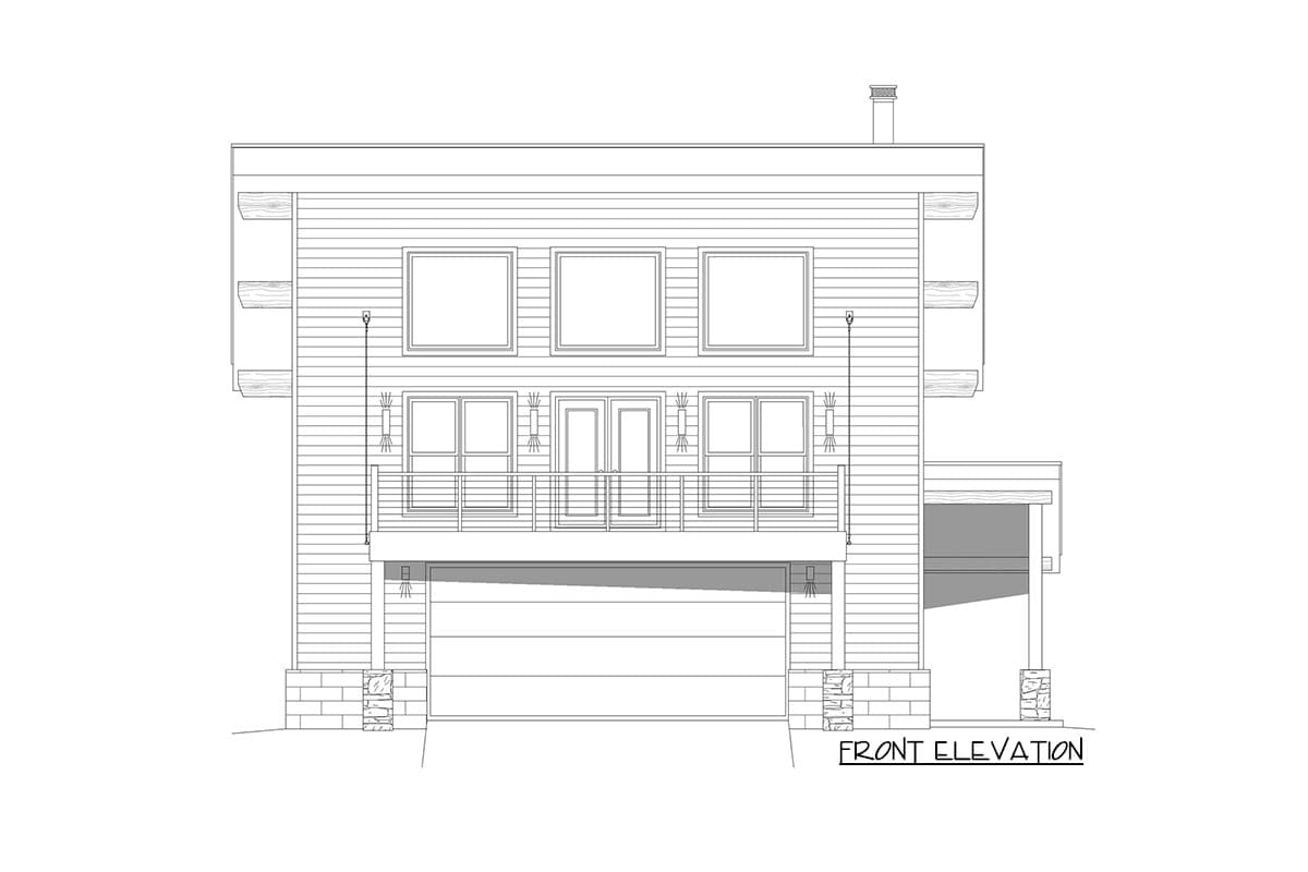 Front elevation drawing of a two-story house plan with a garage, balcony, and horizontal siding.