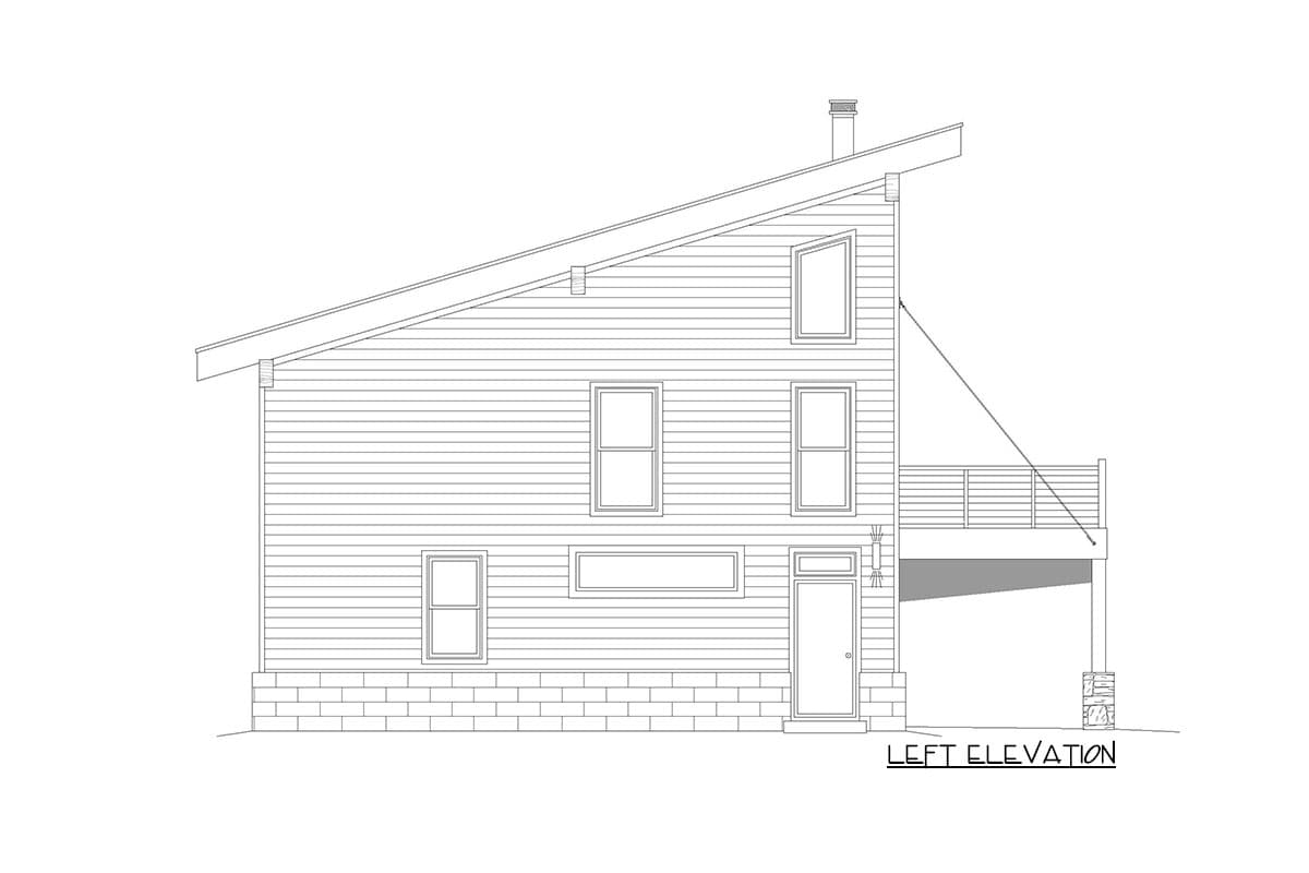 Left elevation house plan featuring a steeply pitched roof, horizontal siding, multiple windows, and a rear deck.