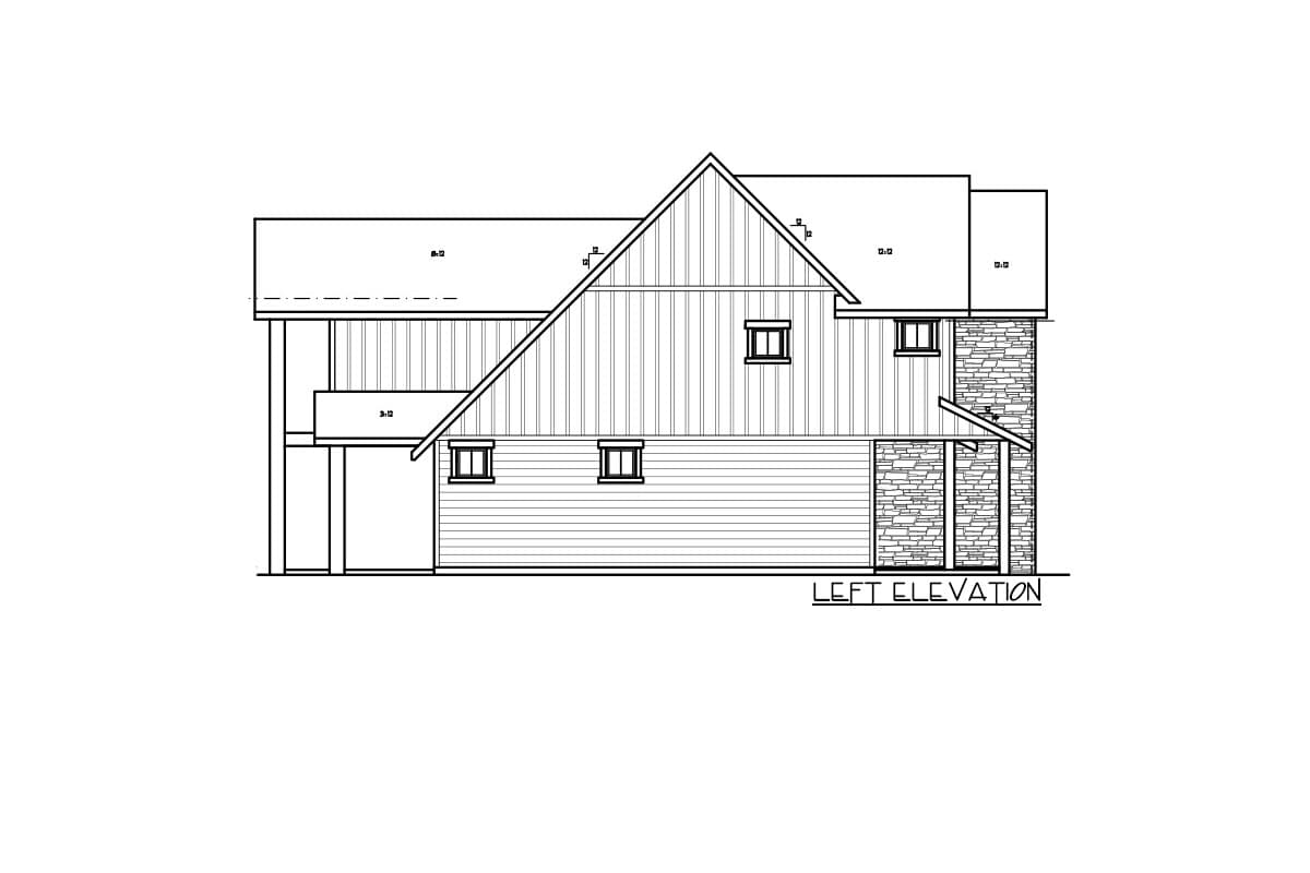 Left elevation of house plan featuring vertical siding, stone accents, gabled rooflines, and multiple windows.