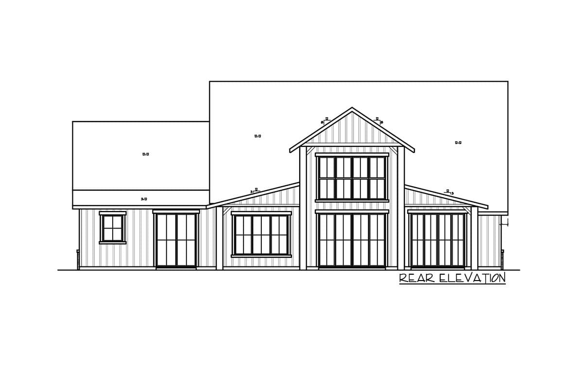 Rear elevation house plan with multiple gables, tall windows, and sliding glass doors.