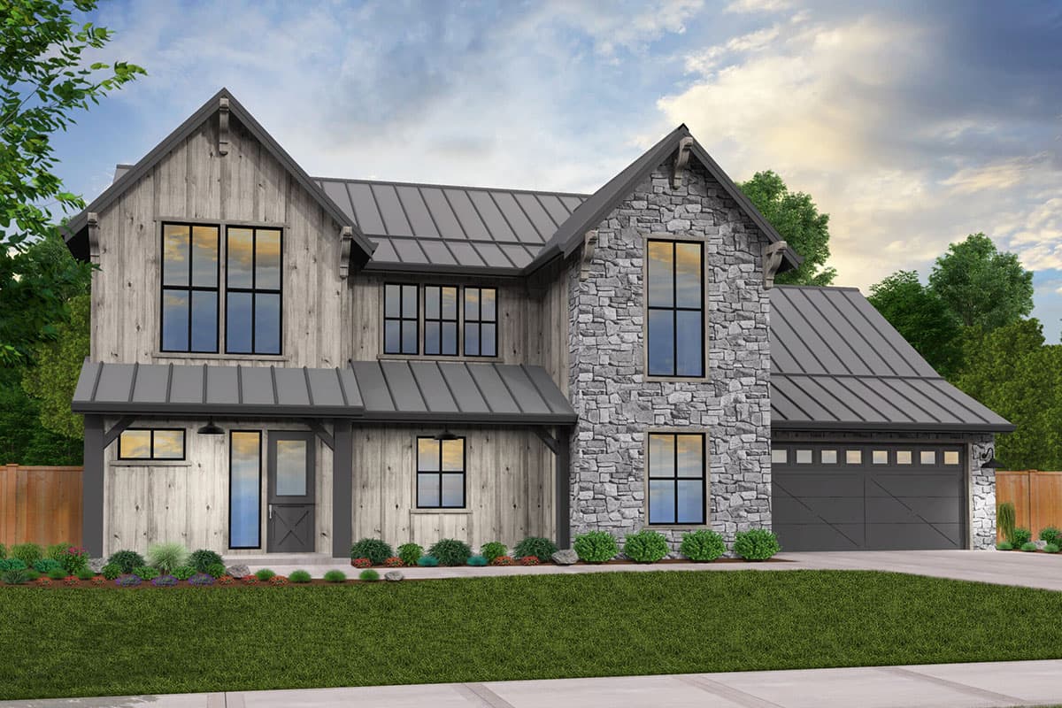 Modern Farmhouse house plan exterior with stone and wood siding, metal roof, multiple gables, and attached garage.