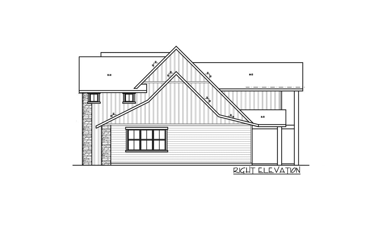 Right elevation house plan drawing with multiple gables, stone accents, horizontal siding, and a large grid window.