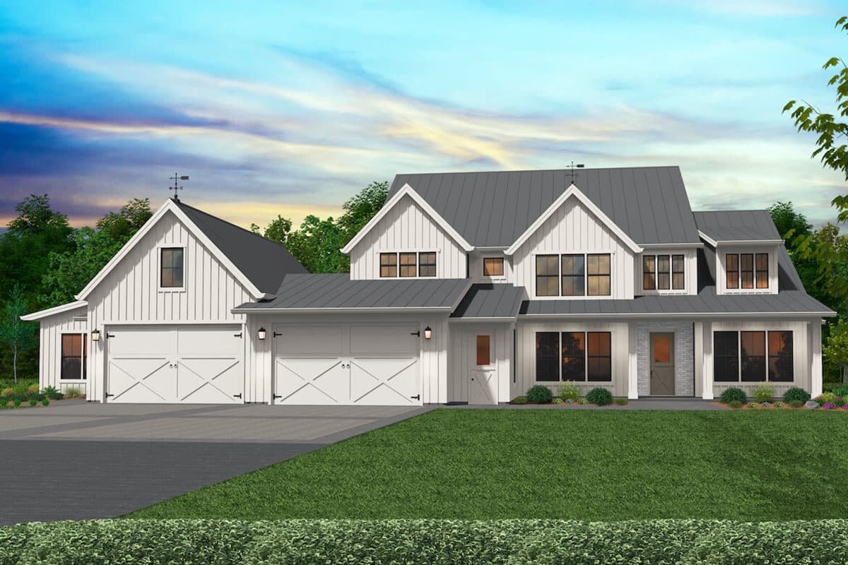 House plan exterior. Two-story Modern Farmhouse with gabled roof, dormers, and attached garage. Exterior features vertical siding and dark roof.