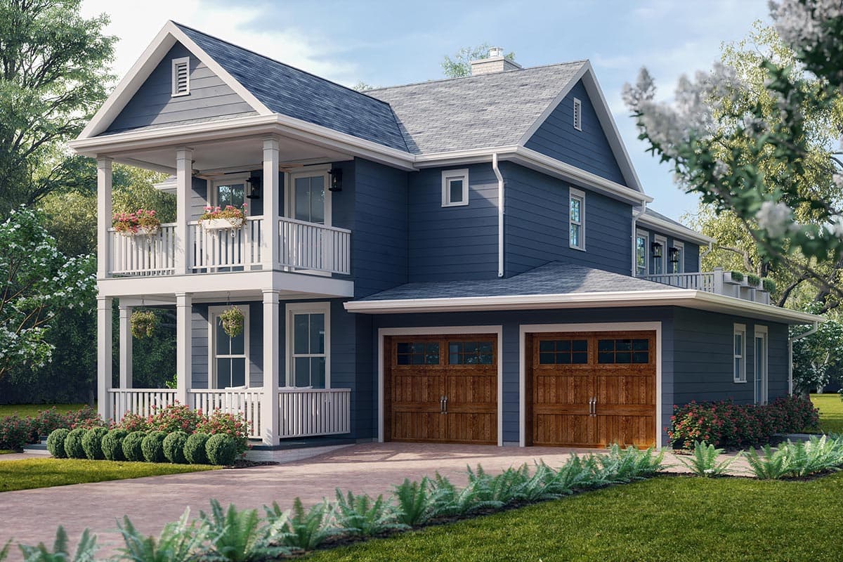 House plan exterior: Two-story blue home with double front-facing garage, white railings on two-level front porch, and gable dormer.