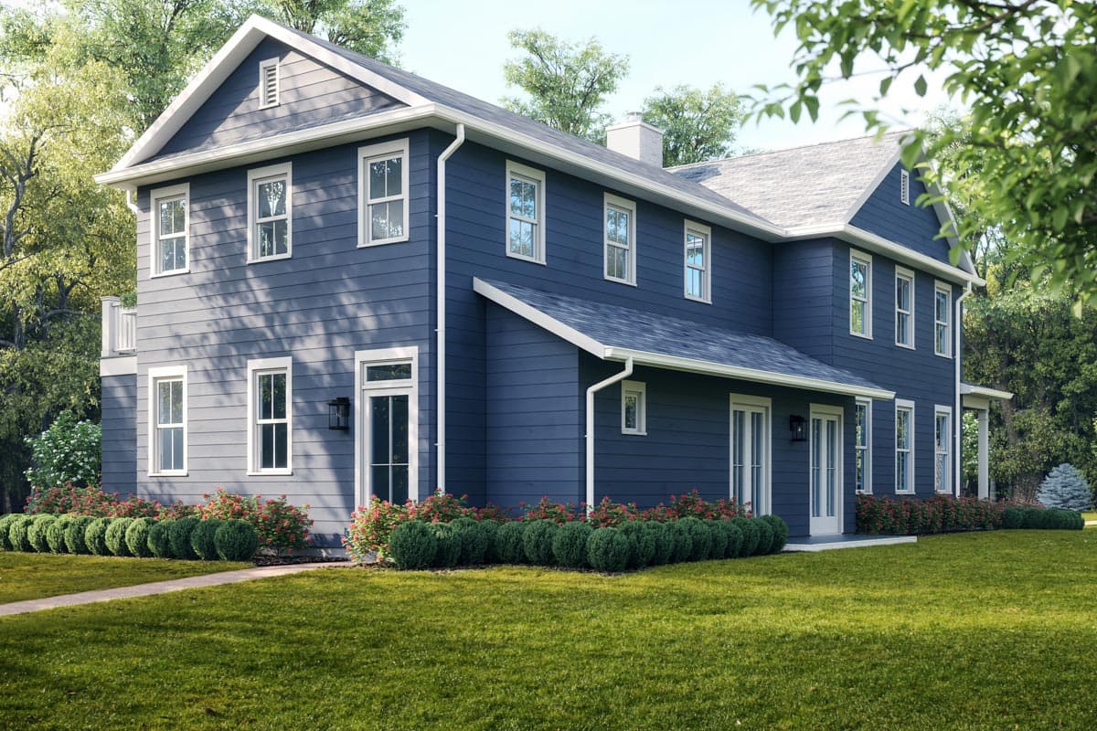 House plan exterior: Two-story modern farmhouse with gabled roof, double-hung windows, and a side-entry garage.
