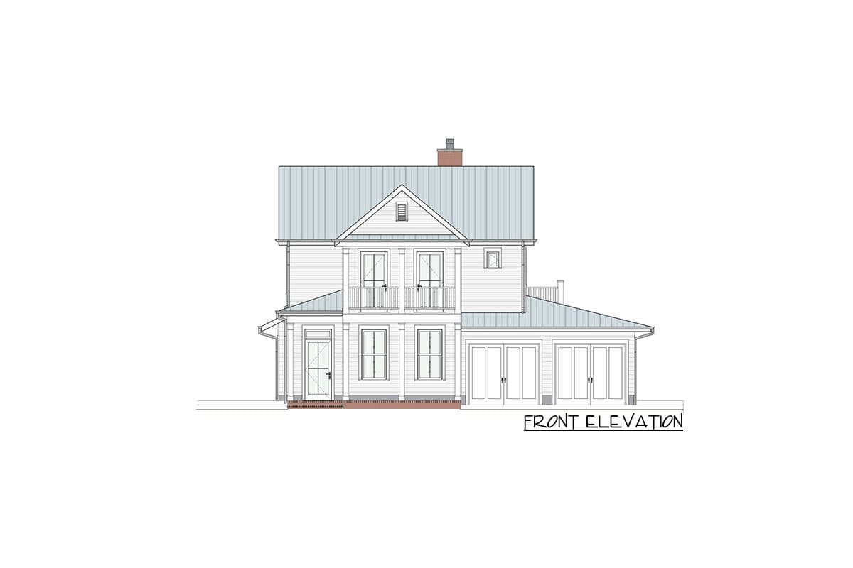 Front elevation drawing of a two-story house with a metal roof, second-story balcony, and attached three-car garage.