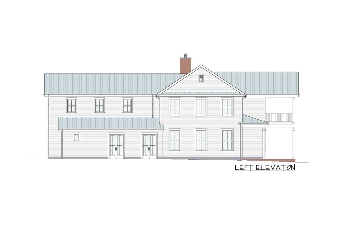 Left elevation drawing of a two-story house with a gable roof, chimney, double doors, and a porch.