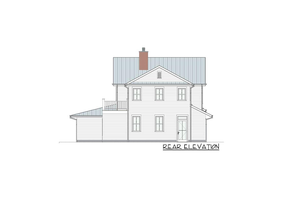 Rear elevation house plan showing two stories, metal roof, dormer, chimney, and rear deck.