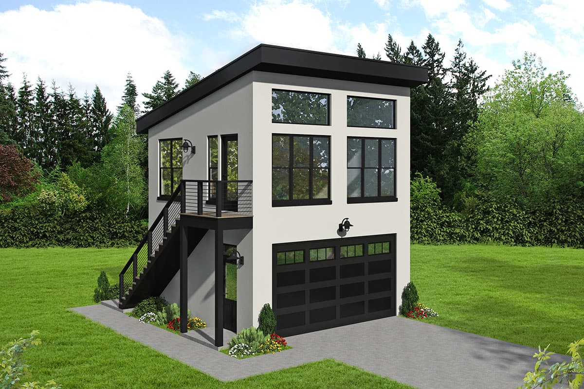 House plan exterior. Two-story modern design with flat roof, large multi-pane windows, balcony with metal railing, and attached garage.