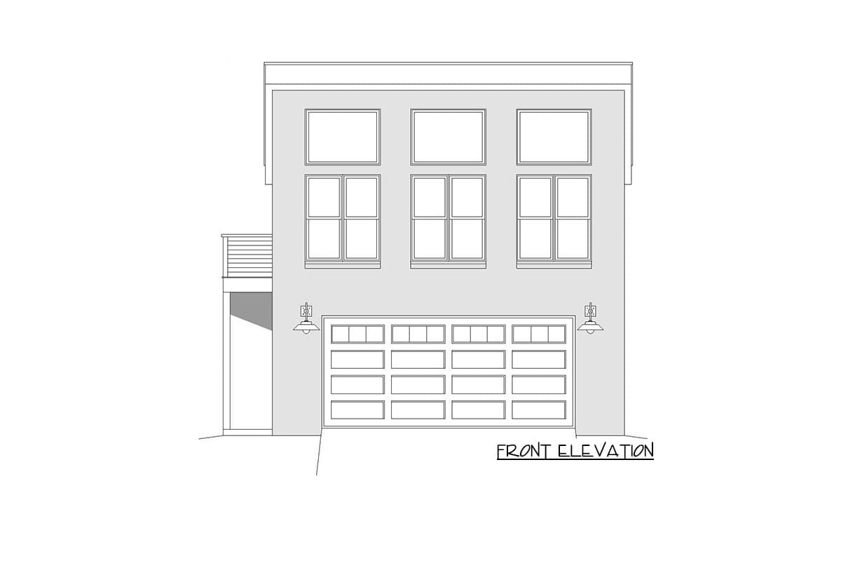 Front elevation of a two-story house plan featuring a multi-panel garage door, six windows, and a small balcony.