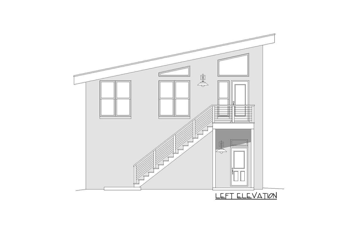 Left elevation drawing of a modern house plan with a sloped roof, multiple windows, and an elevated entrance with stairs.