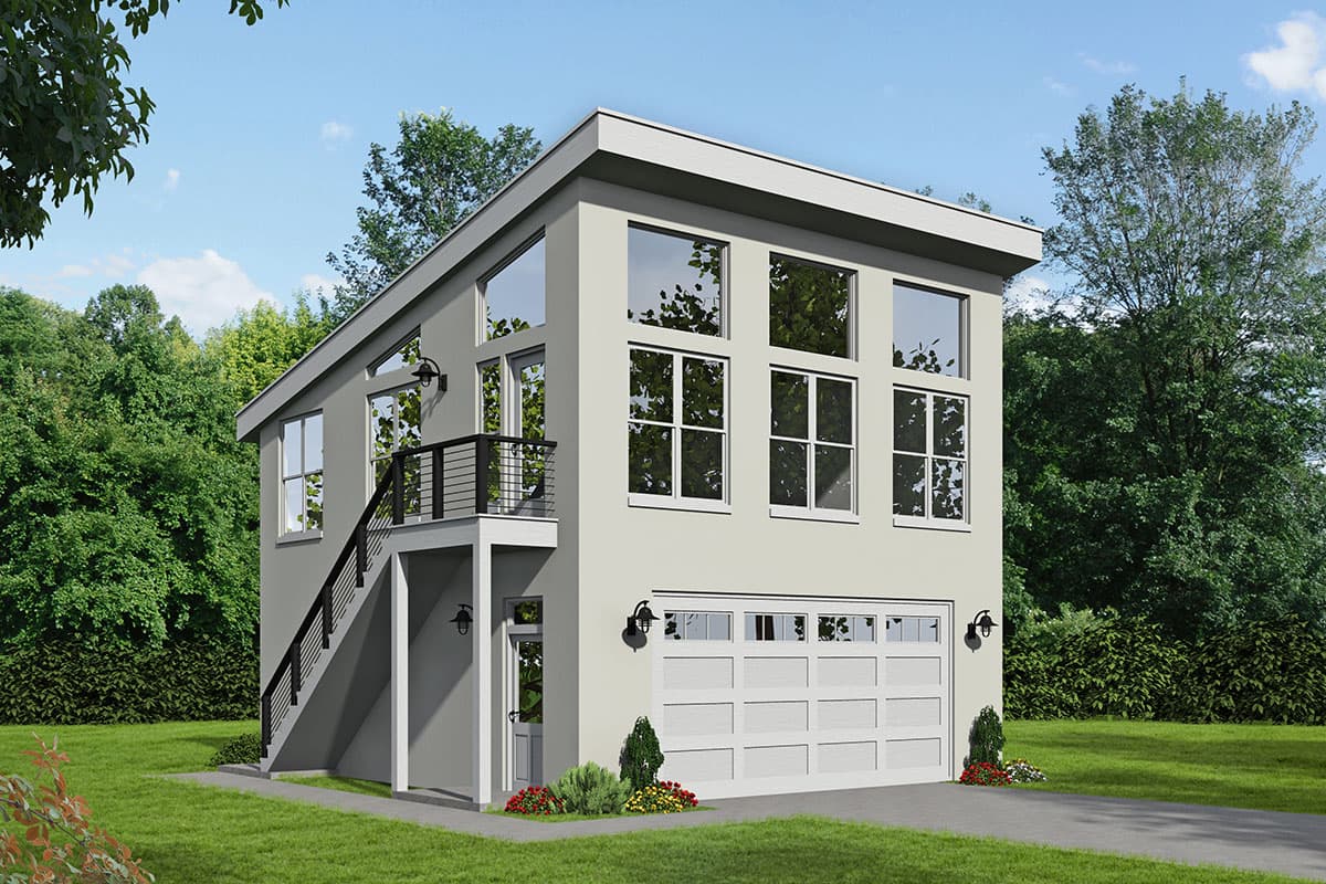 House plan exterior. Modern style, two-story structure with a flat roof, large windows, and a detached staircase leading to a balcony.