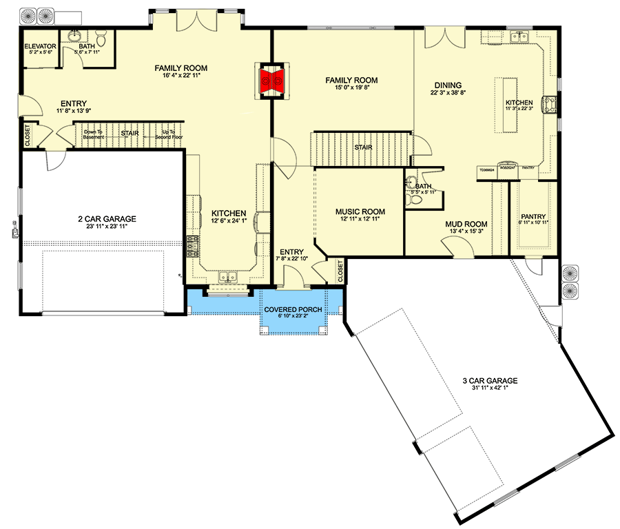 Plan 61361UT: Exclusive Duplex House Plan with Elevator and Ample Storage - Floor Plan - Main Level - New American, Traditional