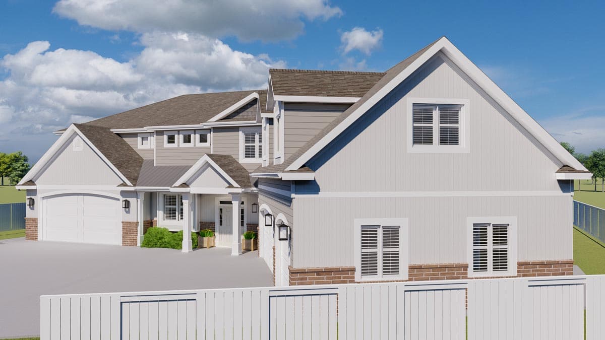 House plan exterior, two-story modern farmhouse style with gabled dormers, covered front porch, and attached side-entry garage.
