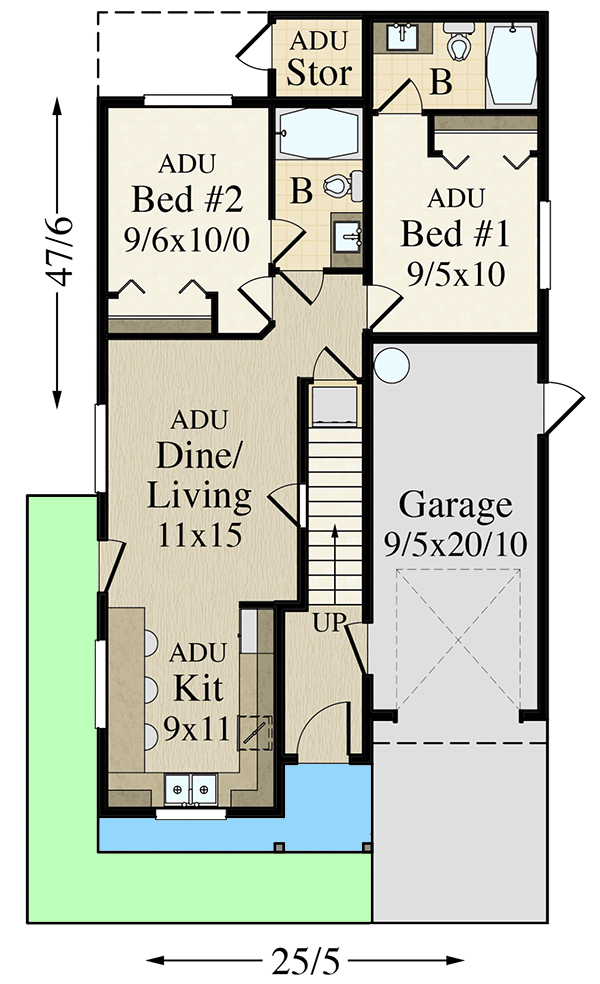 Plan 85329MS: Multi-Generational 3-Story House Plan (1644 Sq Ft) with Main Floor ADU (644 Sq Ft) - Floor Plan - Main Floor with 644 sq. ft. ADU - Craftsman, Northwest