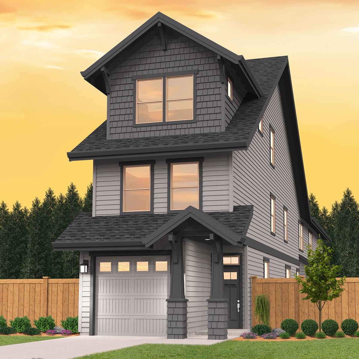 House plan exterior: Three-story modern home with shingle and lap siding, gabled dormers, and a covered entry with stone-clad columns.