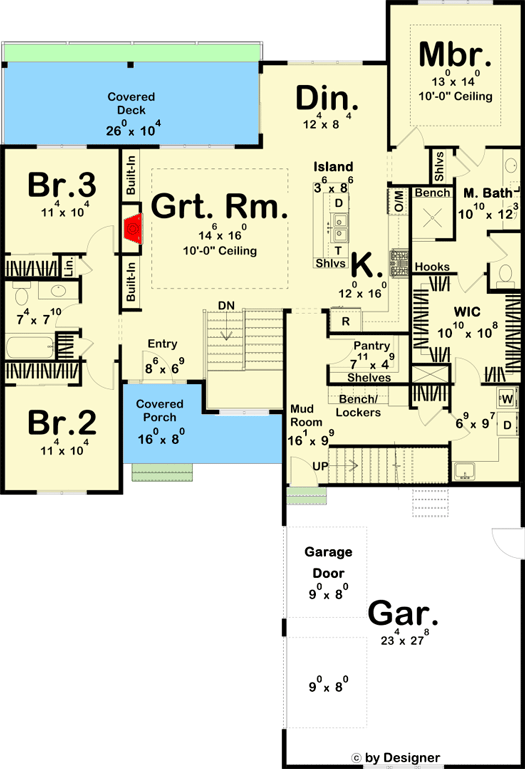 Plan 62907DJ: Modern Farmhouse Plan with Room Above a 2-Car Courtyard Garage - Floor Plan - Main Level - Country, Craftsman, Modern Farmhouse, New American