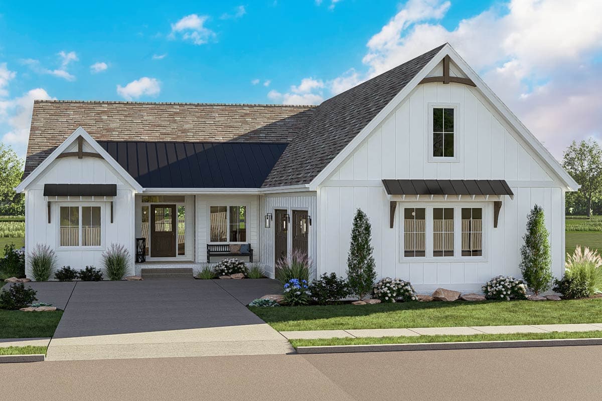 House plan exterior with board-and-batten siding, a gable roof, and an open front porch with a dark metal roof and dormer windows.