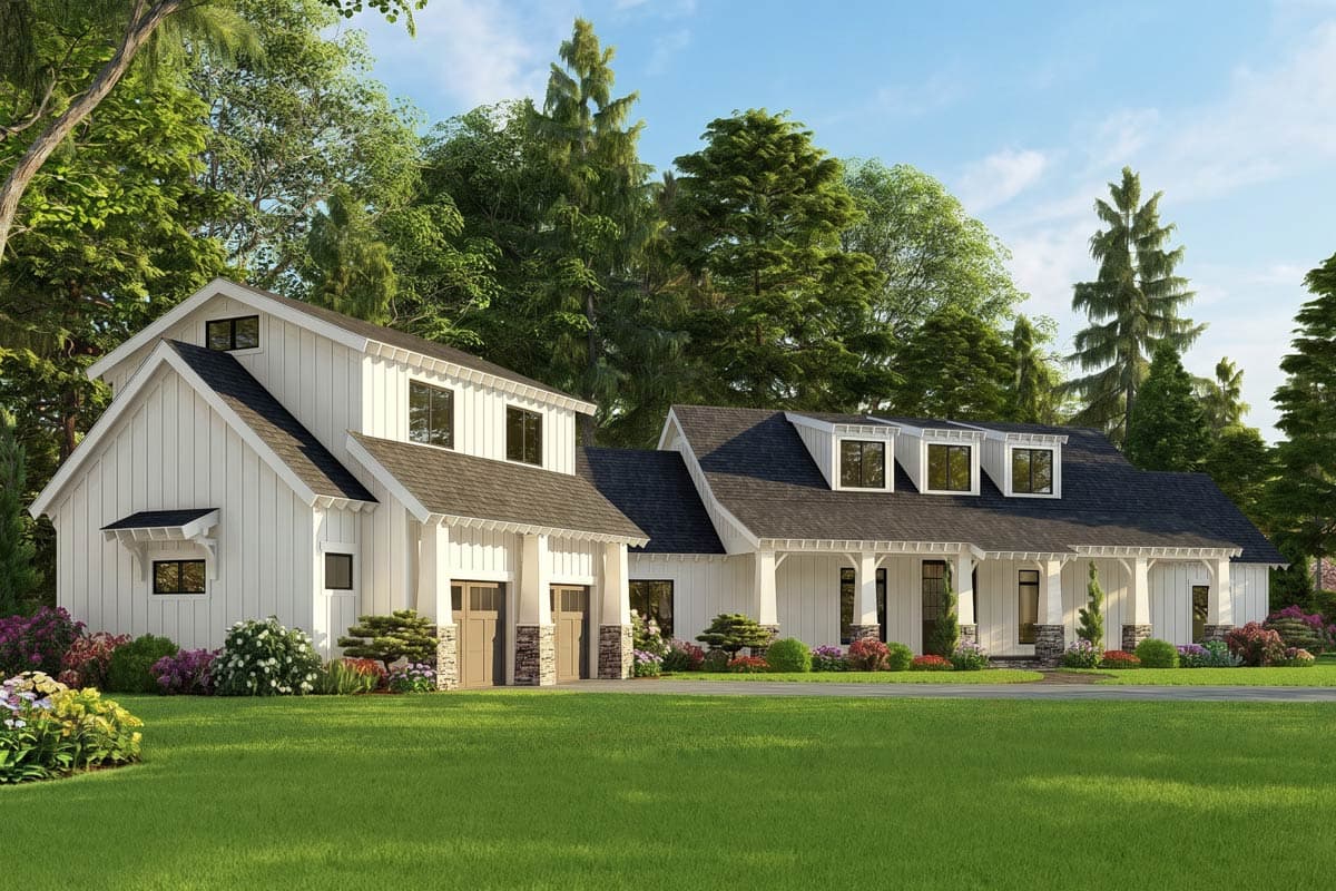 House plan exterior: Modern Farmhouse style, two stories, wide covered porch with columns, dormer windows, and attached two-car garage.