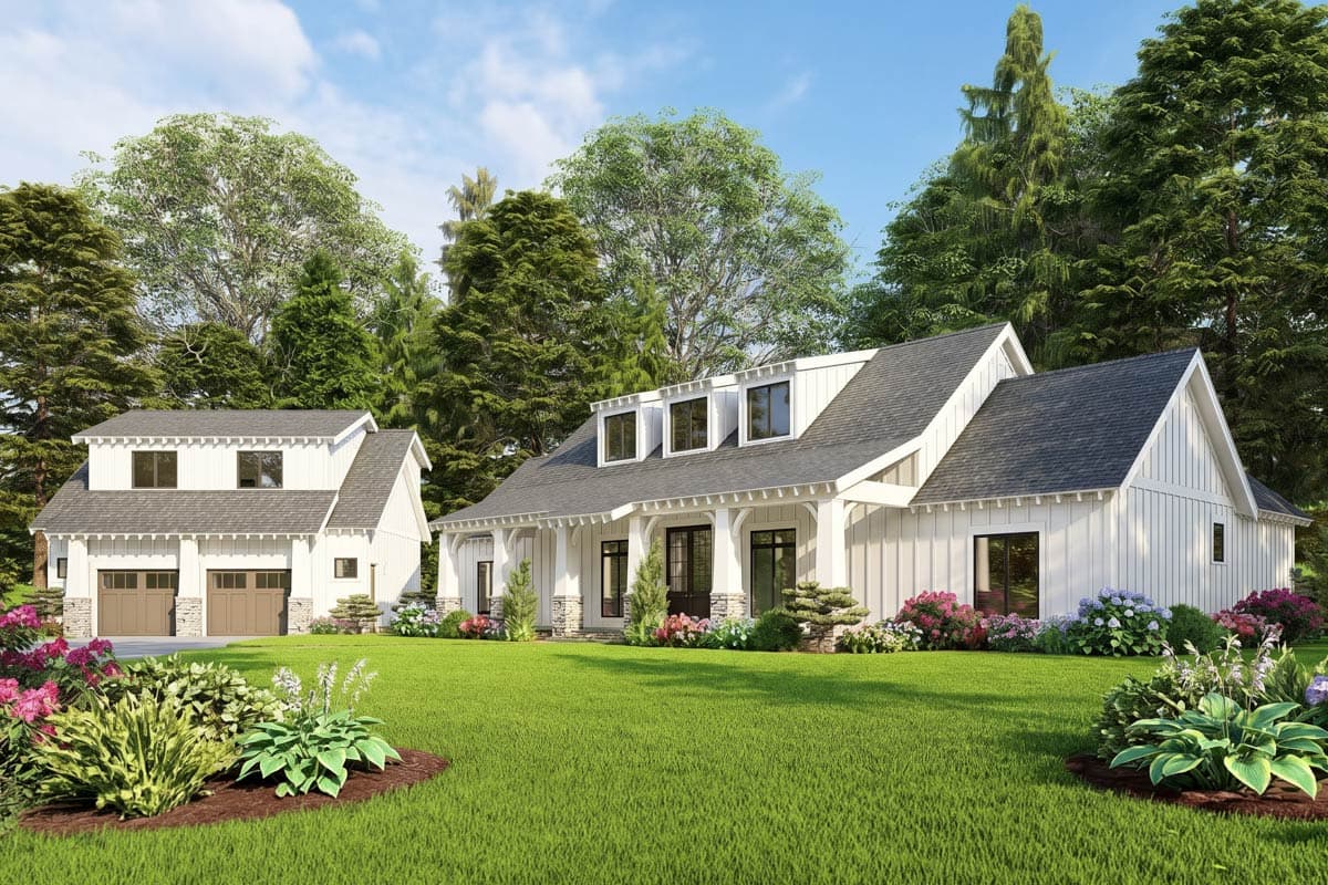 House plan exterior: Ranch style, covered porch with columns, dormer windows, and gabled rooflines.