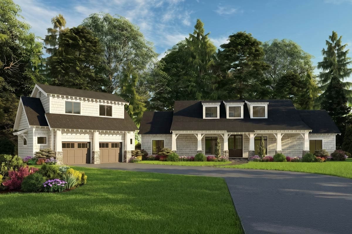 House plan exterior: Modern Farmhouse style, two stories, with a covered front porch, multiple gables, dormers, and a detached two-car garage.