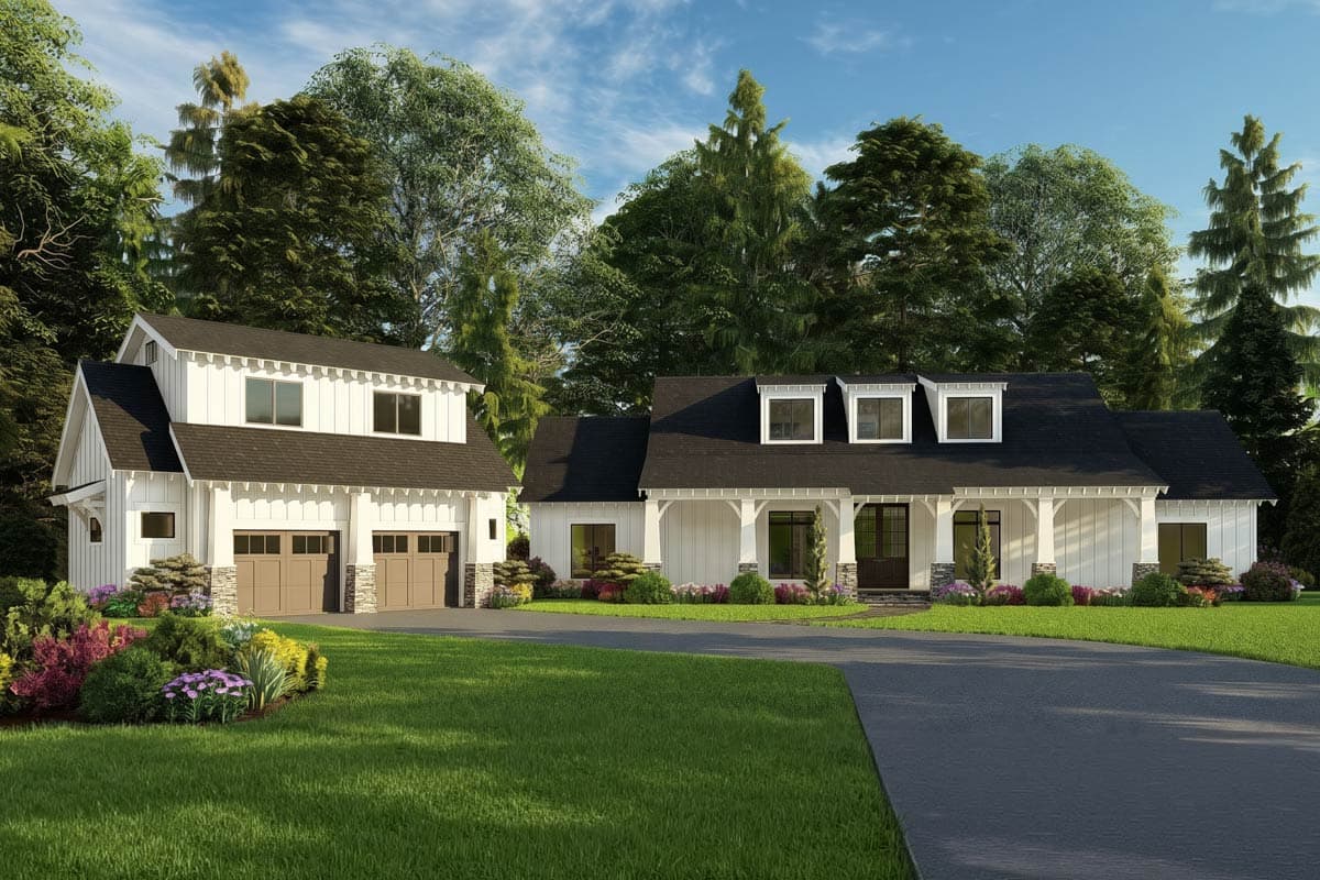 House plan exterior with Craftsman style, single story, and attached garage. Features include gabled roof, dormers, and front porch with columns.