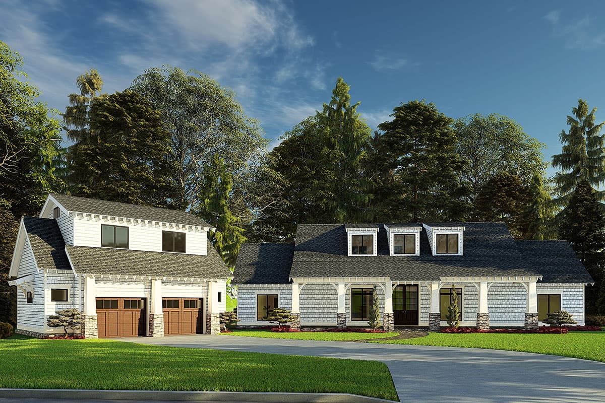 House plan exterior with Craftsman style, single story, and attached garage. Features include gabled roof, dormers, and front porch with columns.