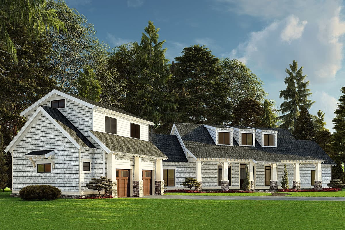 House plan exterior: Modern Farmhouse style, two stories, wide covered porch with columns, dormer windows, and attached two-car garage.