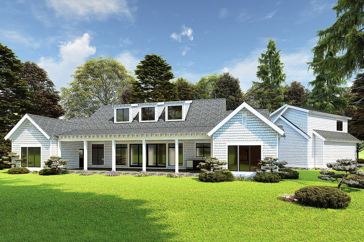 House plan exterior: Ranch style, covered porch with columns, dormer windows, and gabled rooflines.