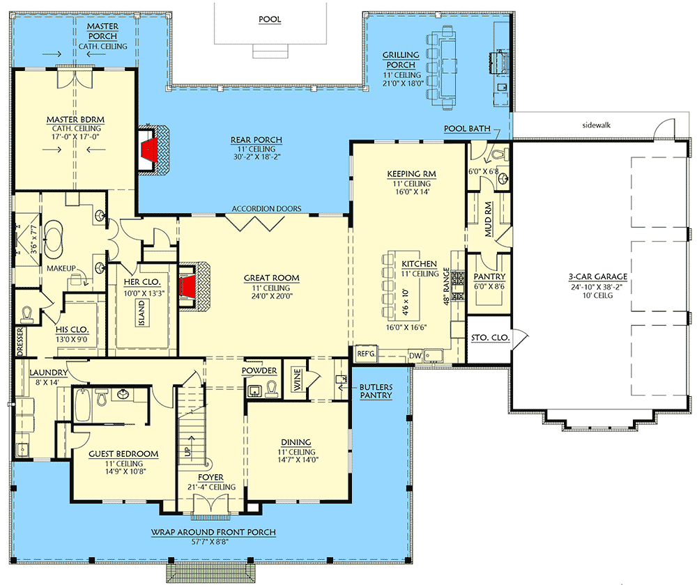 Plan 56481SM: Modern Gothic Farmhouse with Wrap Around Front Porch - 4103 Sq Ft - Floor Plan - Main Level - Country, Farmhouse, Modern Farmhouse, New American, Southern, Tudor