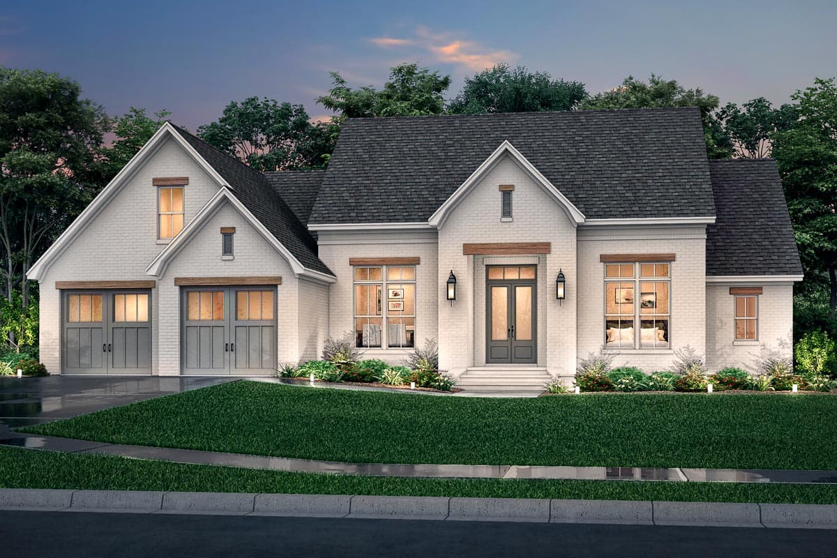 House plan exterior: One-story Modern Farmhouse with white brick, gable dormer, double garage doors, and prominent front entrance.
