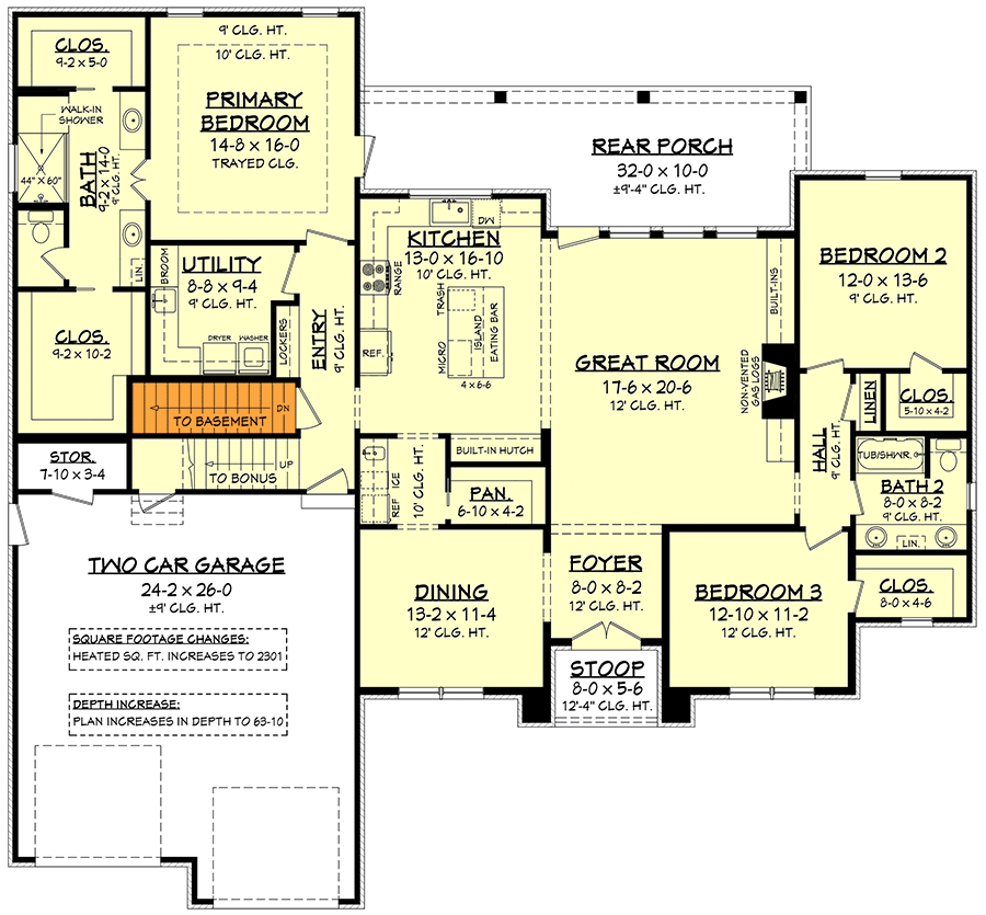 Plan 51844HZ: Open Concept 3 Bed, 2 Bath House Plan with 2-Car Garage and Bonus Room - Floor Plan - Basement Stairs Location - Main Floor - Acadian, European, French Country, Hill Country, Louisiana-Style, New American, Southern, Traditional
