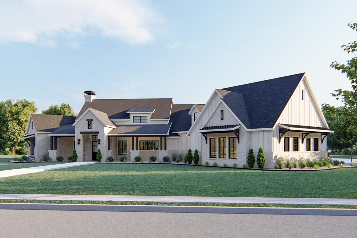Modern Farmhouse house plan exterior with stone and board-and-batten siding, gables, and covered porches.