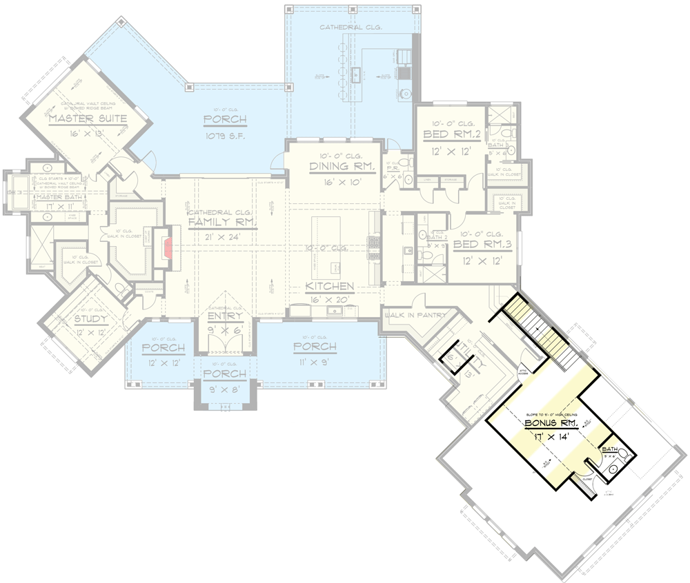 Plan 915045CHP: Exclusive 3-Bed Home Plan with Bonus Room above Angled Garage - 3378 Sq Ft - Floor Plan - Bonus - Craftsman, Modern Farmhouse, New American