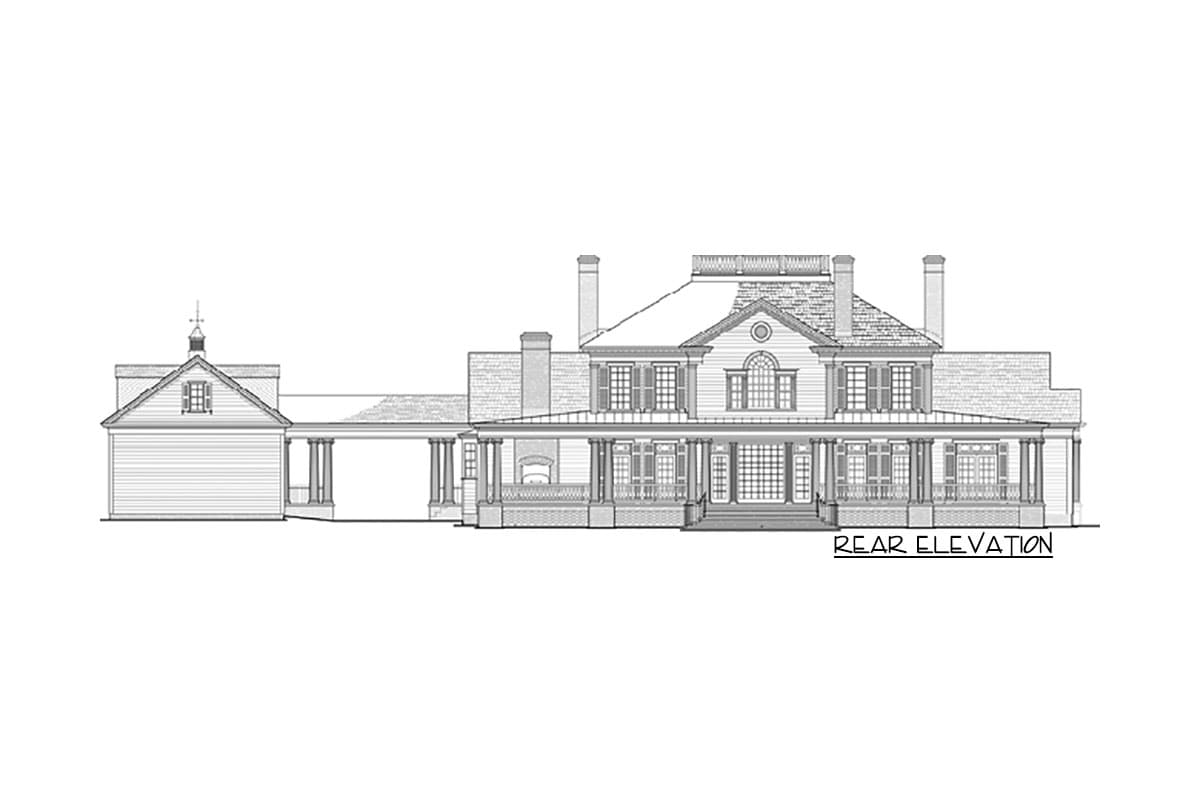 Rear elevation house plan: multi-story house with wrap-around porch, dormers, and attached garage.