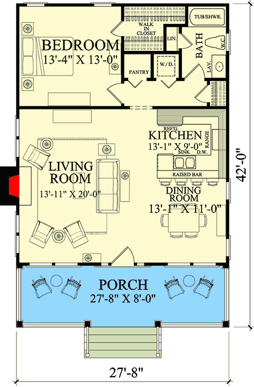 Plan 32668WP: 1-Bed Bungalow Plan with Front Porch - Floor Plan - Main Level - Bungalow, Cape Cod, Cottage, Country, Vacation