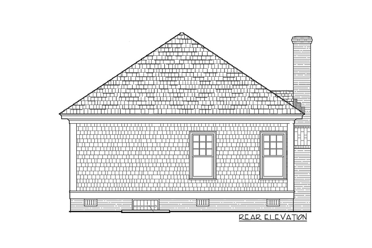 Rear elevation drawing of a house plan showing shingle siding, a large gable roof, and a brick chimney.