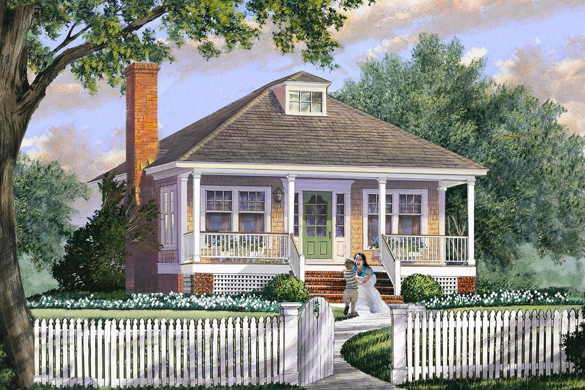 House plan exterior. Craftsman style, one story home with a front porch, dormer, and brick chimney.