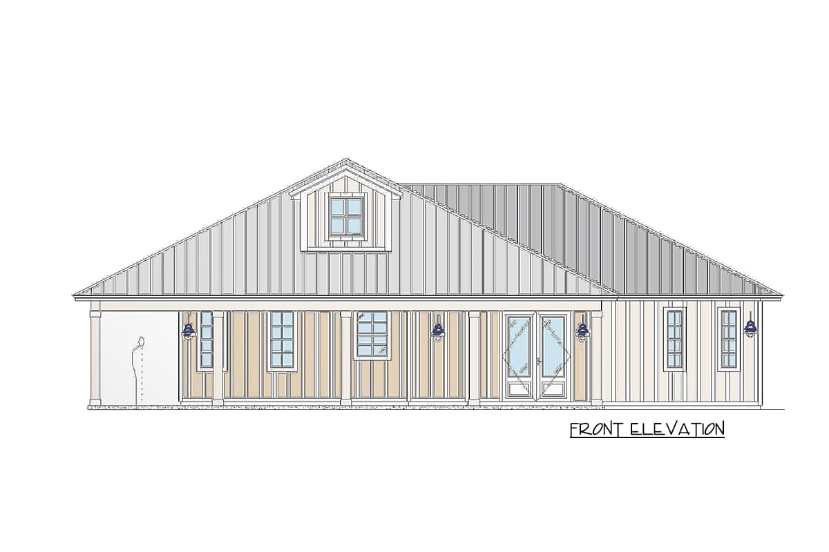 Front elevation drawing of a one-story house plan with a prominent gable dormer and a covered porch.