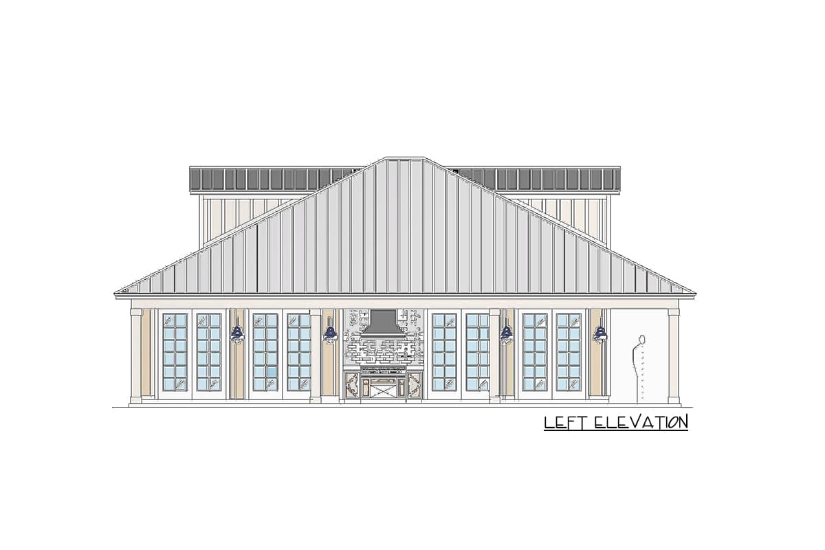 House plan left elevation with gable roof, multiple French doors, and an outdoor fireplace.