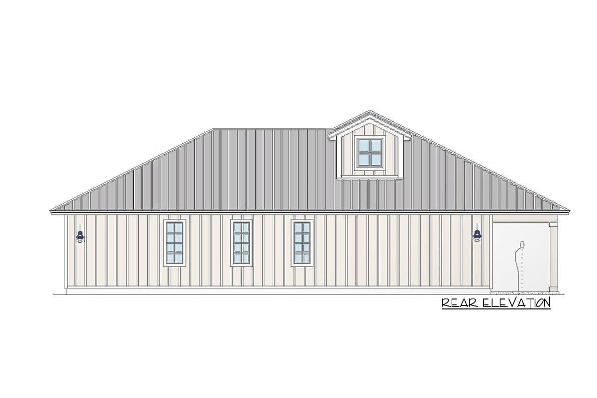 Rear elevation drawing of a house plan with vertical siding, metal roof, dormer, windows, and garage.
