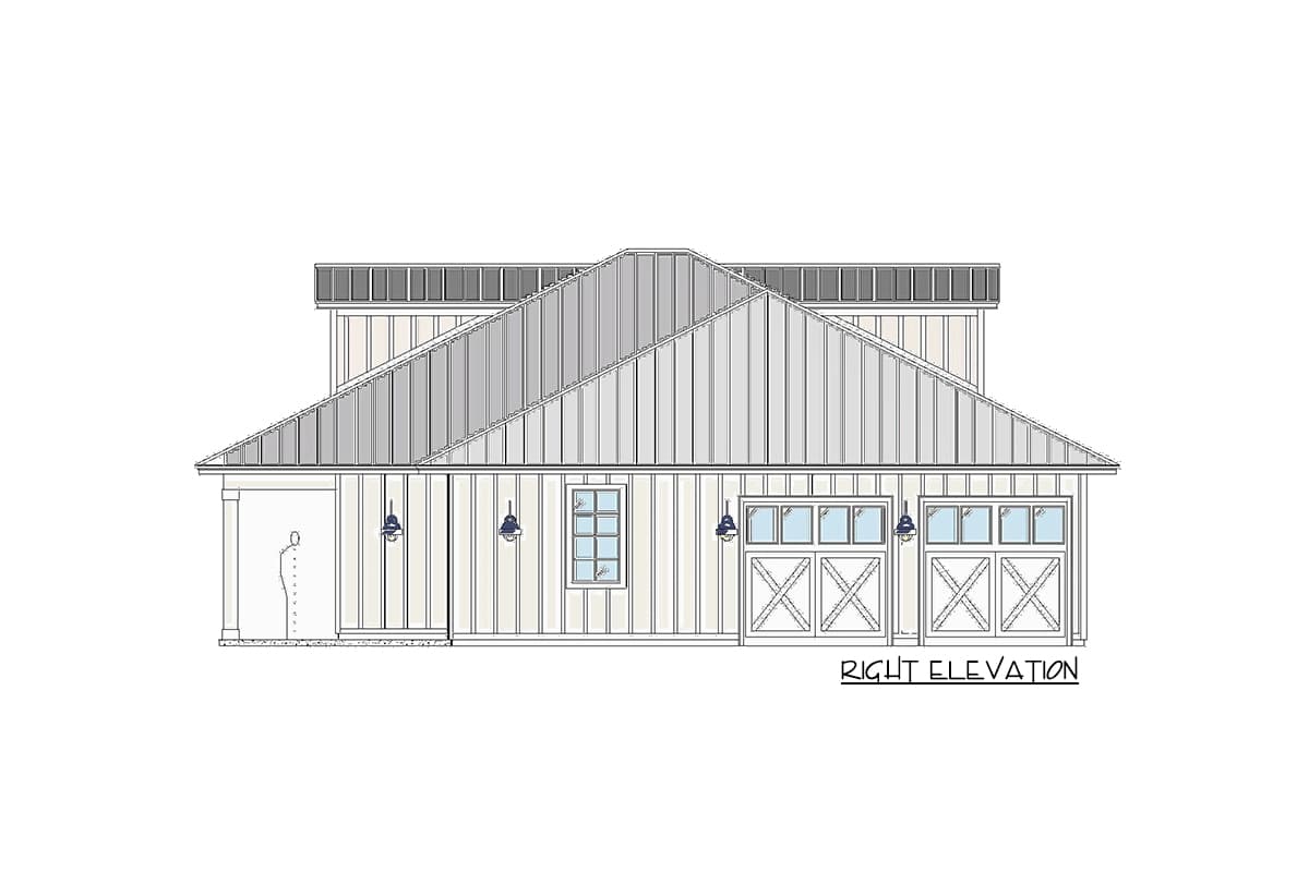 Right elevation of a Modern Farmhouse style house plan with a metal gable roof, vertical siding, and two garage doors.
