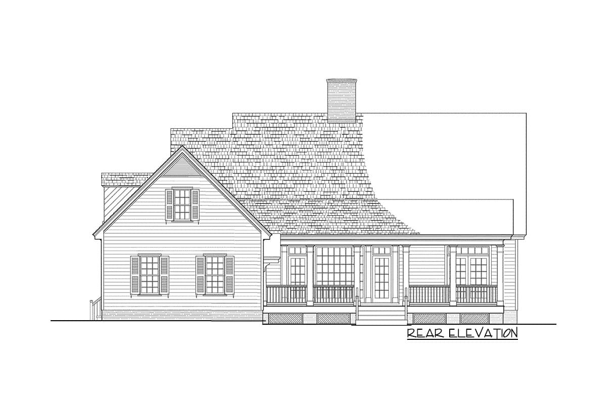 Rear elevation house plan showing a gambrel roof, dormer, chimney, and wraparound porch with columns.
