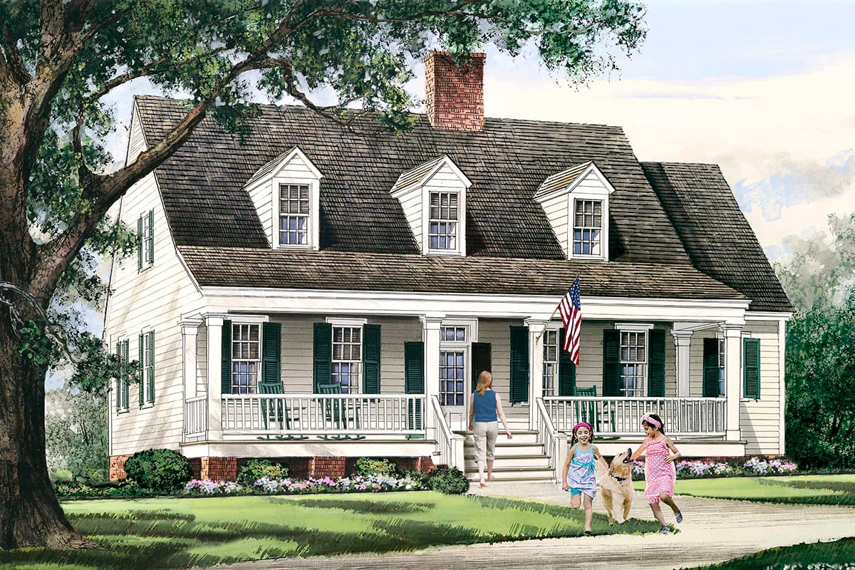 House plan exterior featuring a two-story Colonial style with a front porch, dormers, and a gabled roof.