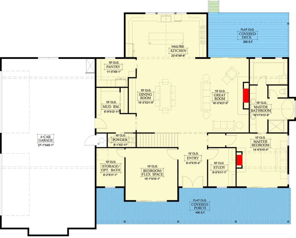Plan 365000PED: Modern Farmhouse Plan with Home Office and Flex Room - Floor Plan - Main Level - Country, Craftsman, Farmhouse, Hill Country, Modern Farmhouse, Mountain, New American, Ranch, Traditional