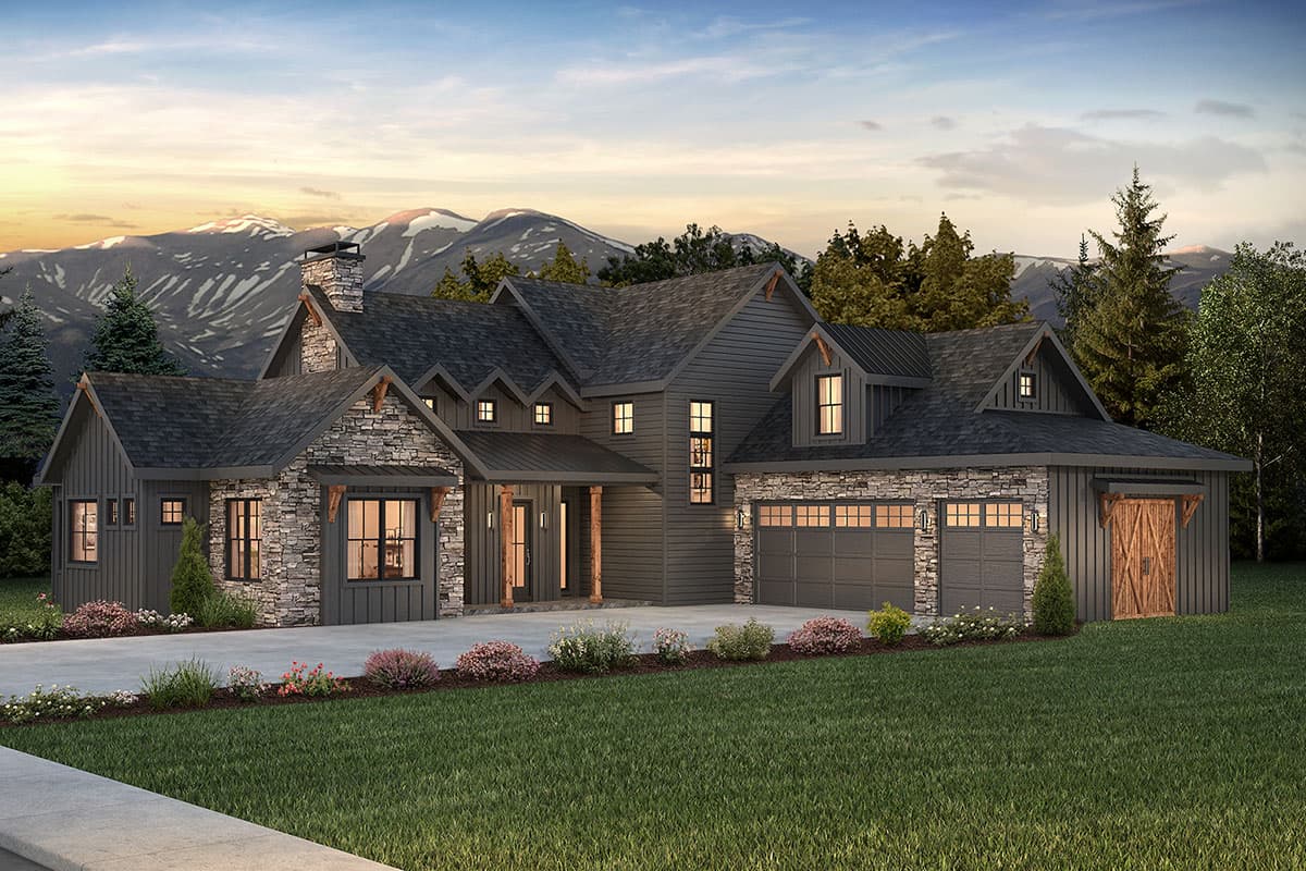 House plan exterior: Modern Farmhouse style, dark siding, stone accents, gable rooflines, prominent chimney, and a three-car garage.