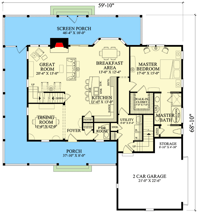 Plan 32670WP: 4-Bed Country House Plan with Large (Partially Screened) Wrap-Around Porch - Floor Plan - Main Level - Country, Farmhouse, Southern, Traditional