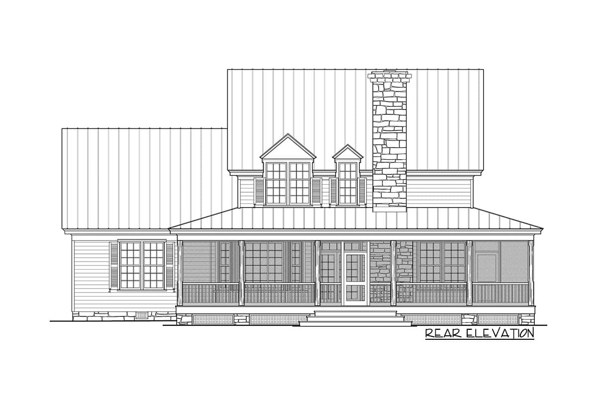 Rear elevation house plan featuring a wraparound porch, gabled dormers, and a stone chimney.