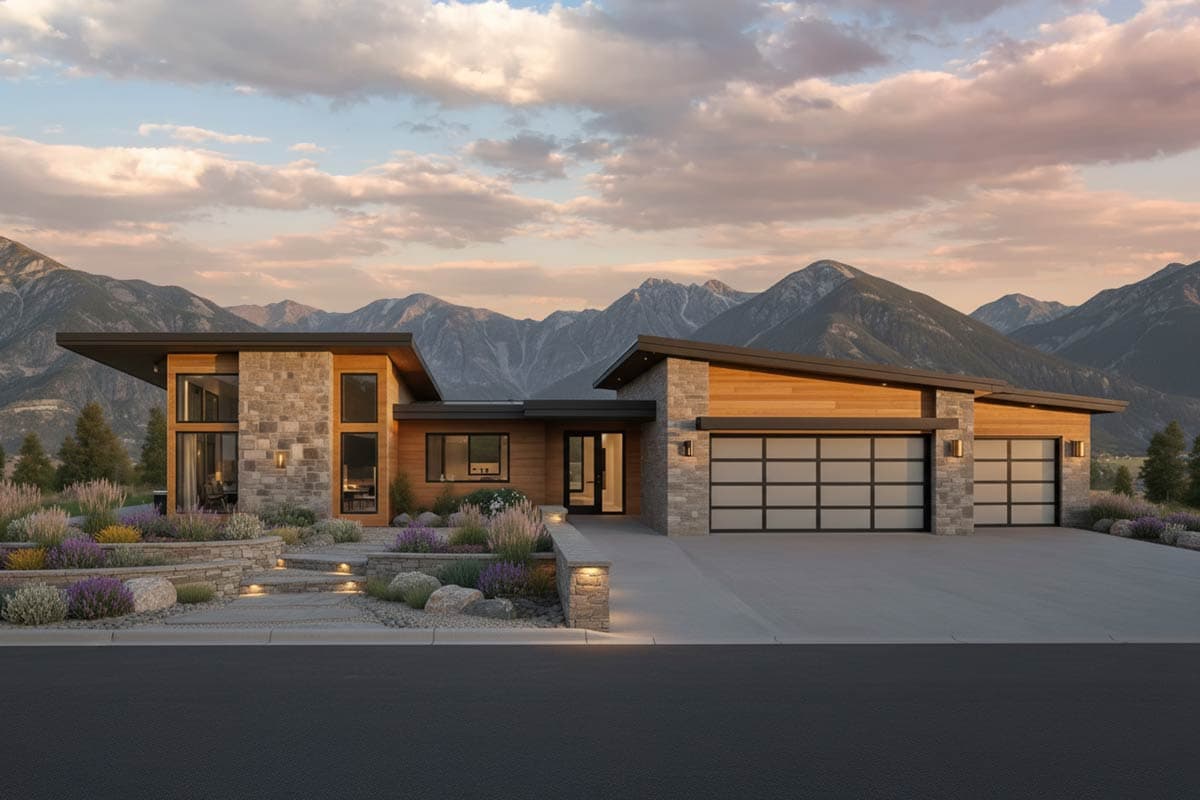 House plan exterior. Modern style, single story. Features include flat rooflines, stone and wood siding, and an attached garage.