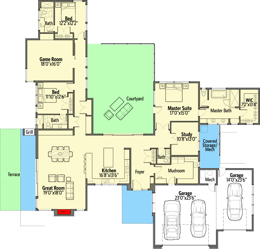 Plan 54241HU: 3-Bed Contemporary Home Plan with Courtyard - Floor Plan - Main Level - Contemporary, Mid Century Modern, Modern, Ranch